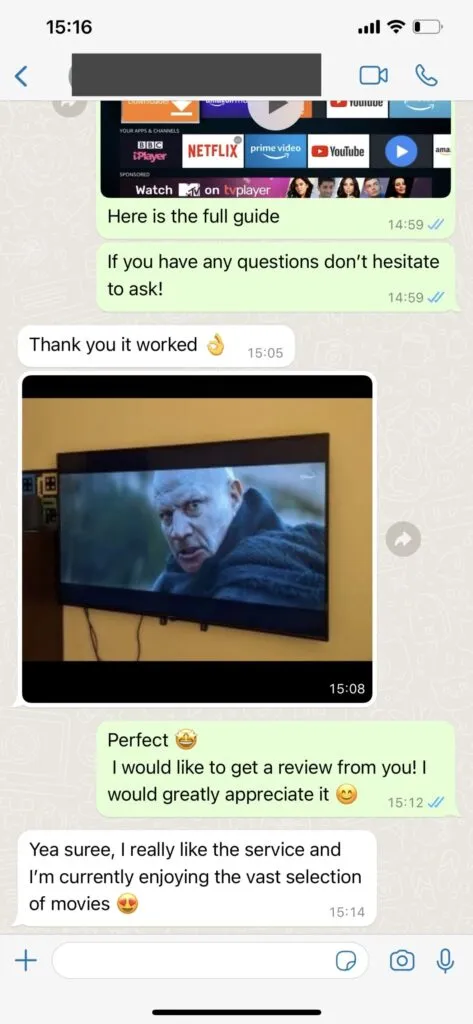 Honey Bee IPTV Customer WhatsApp Feedback Screenshot 1